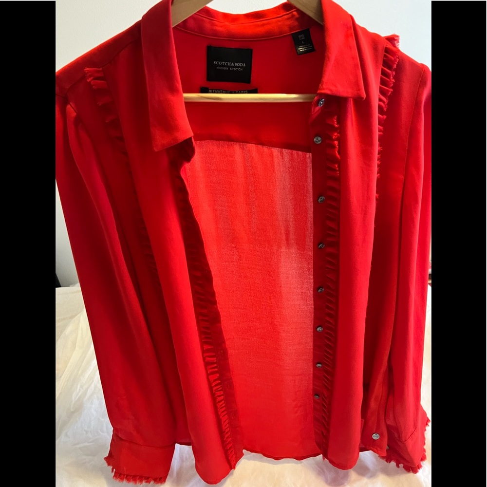 Sheer bright red button up shirt